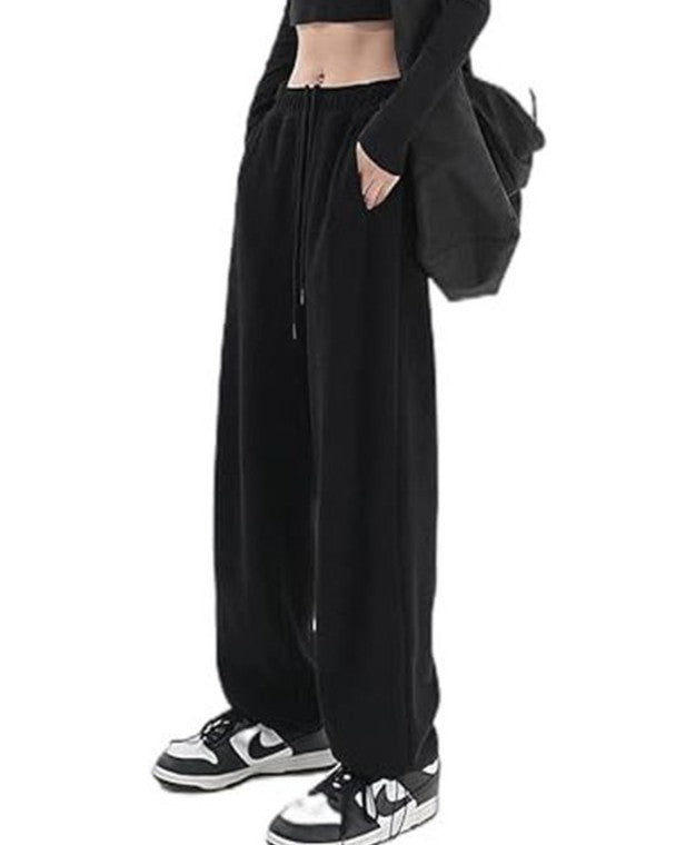 Drawstring Wide Leg Fleece Sweatpants - Black