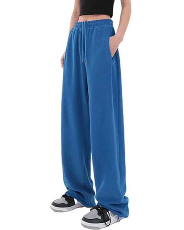 Drawstring Wide Leg Fleece Sweatpants - Blue