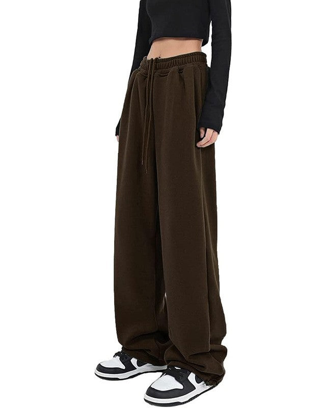 Drawstring Wide Leg Fleece Sweatpants - Coffee