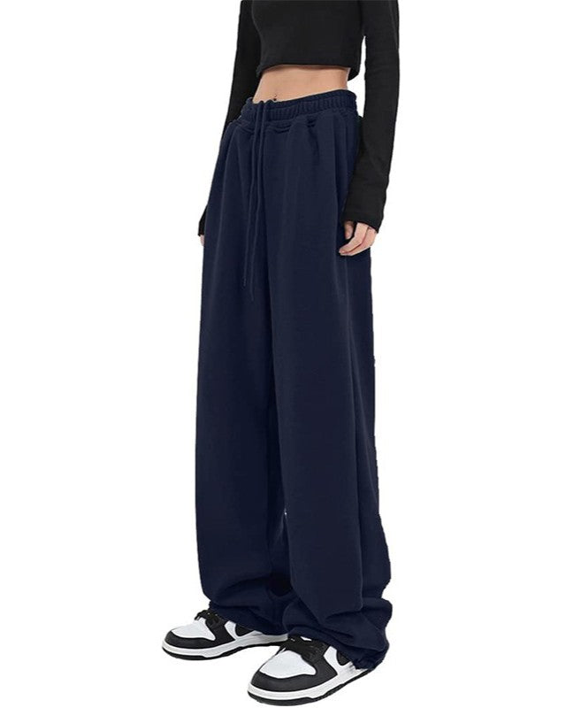 Drawstring Wide Leg Fleece Sweatpants - Dark-Blue