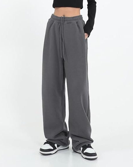 Drawstring Wide Leg Fleece Sweatpants - Dark-Gray