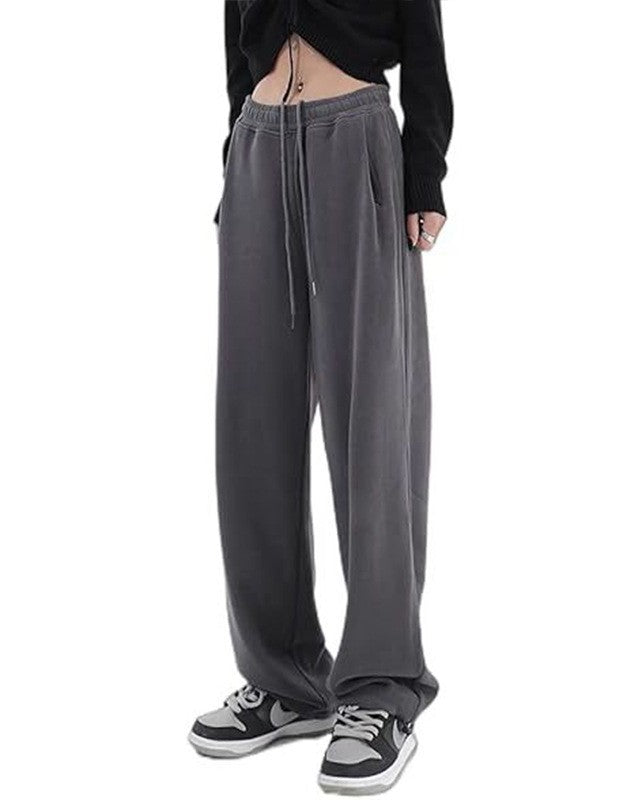 Drawstring Wide Leg Fleece Sweatpants - Dark-Gray - 1