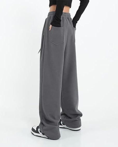 Drawstring Wide Leg Fleece Sweatpants - Dark-Gray - 2