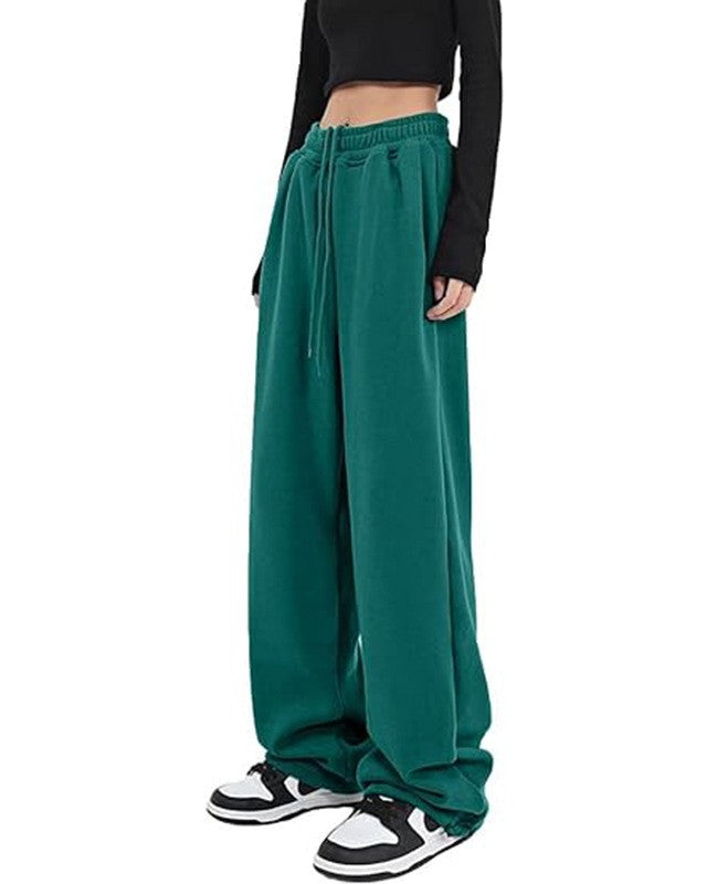 Drawstring Wide Leg Fleece Sweatpants - DarkGreen