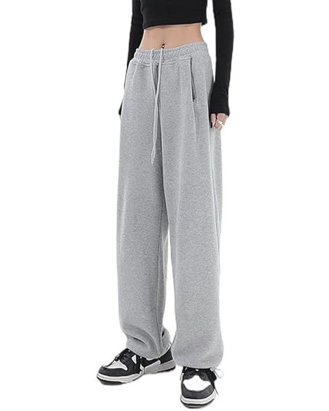 Drawstring Wide Leg Fleece Sweatpants - Light-Gray
