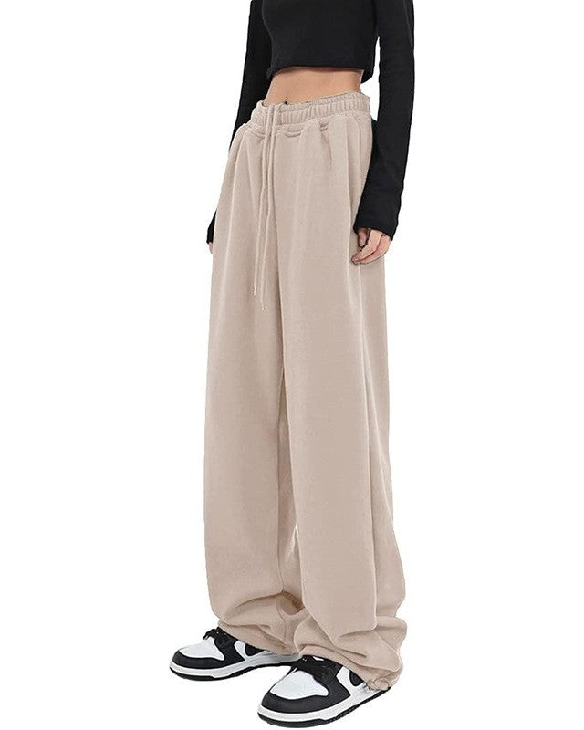 Drawstring Wide Leg Fleece Sweatpants - LightKhaki