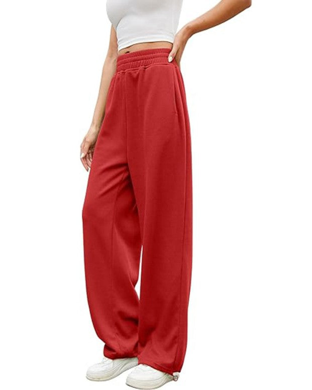 Drawstring Wide Leg Fleece Sweatpants - Red