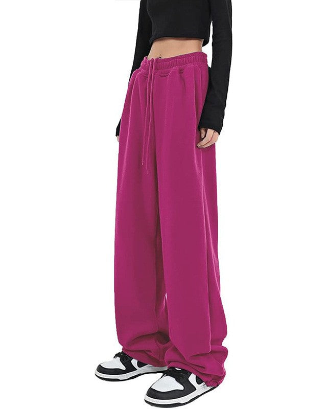Drawstring Wide Leg Fleece Sweatpants - Rose-Red