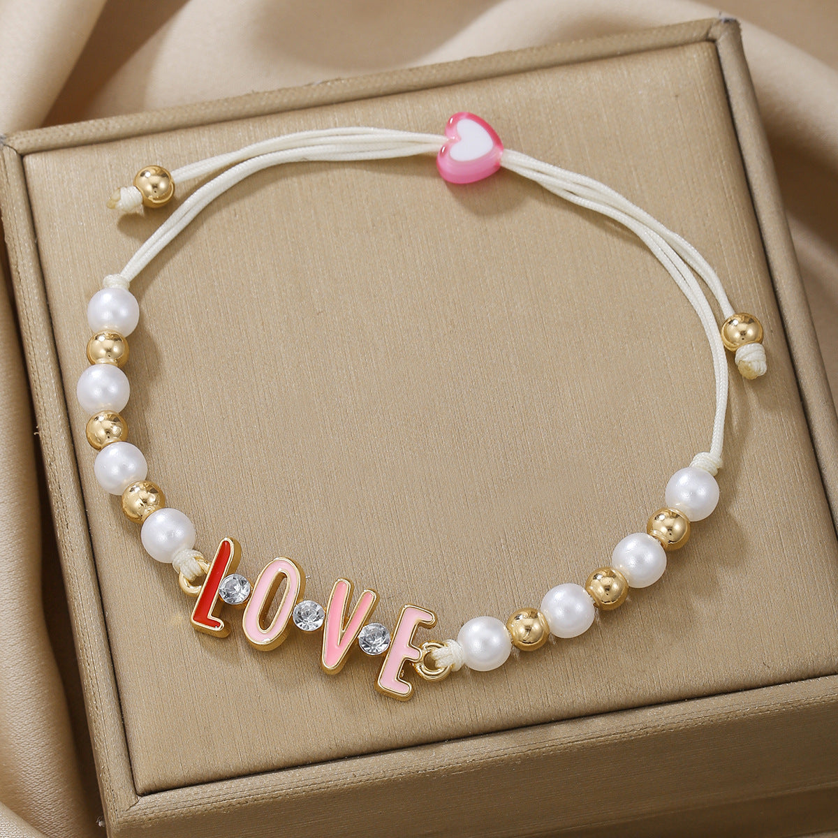 Pearl Bead Heart Charm Cord Bracelet - Color_1