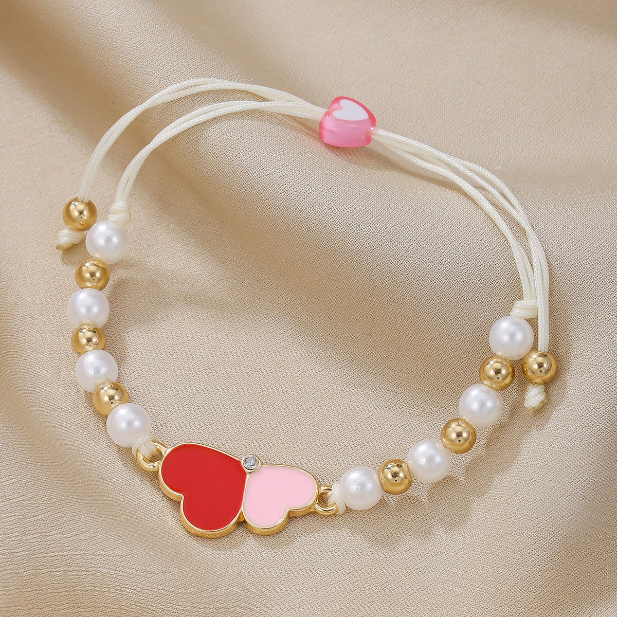 Pearl Bead Heart Charm Cord Bracelet - Color_3