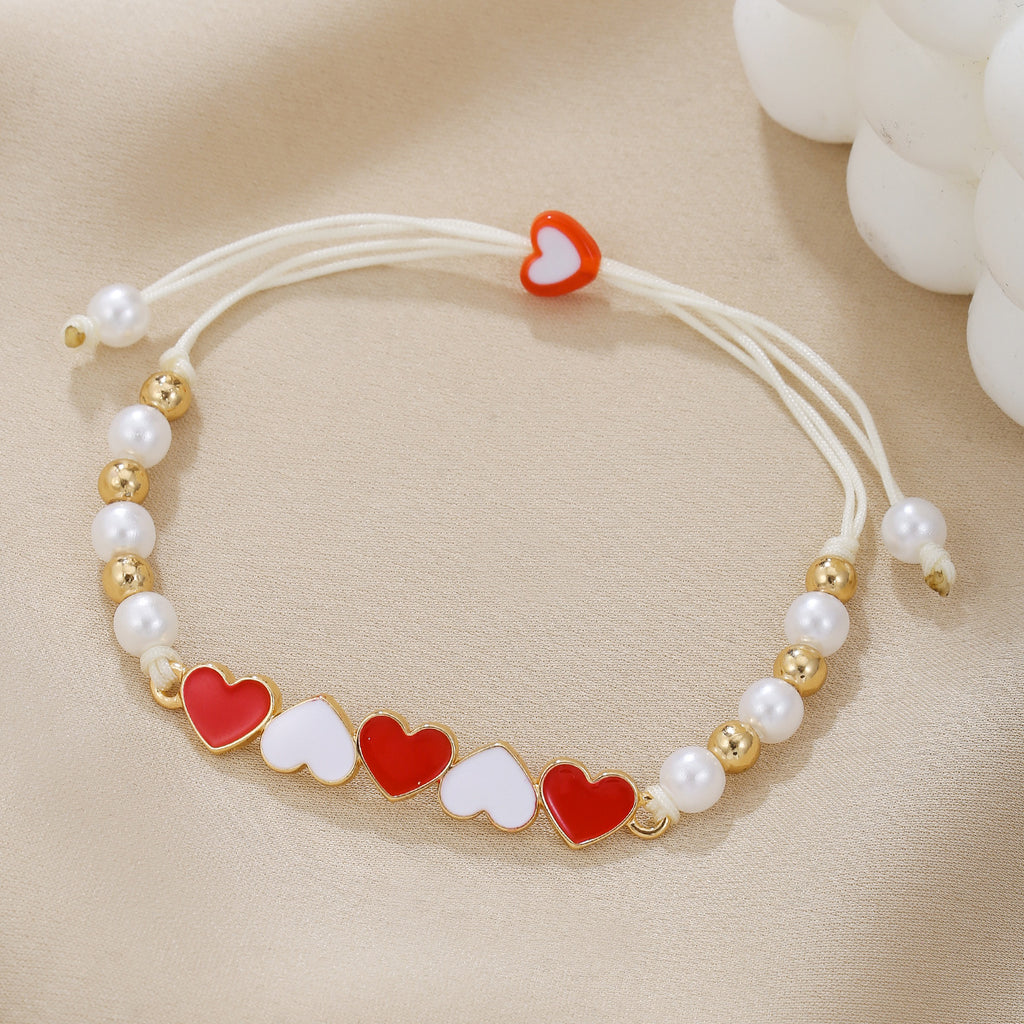 Pearl Bead Heart Charm Cord Bracelet - Color_5