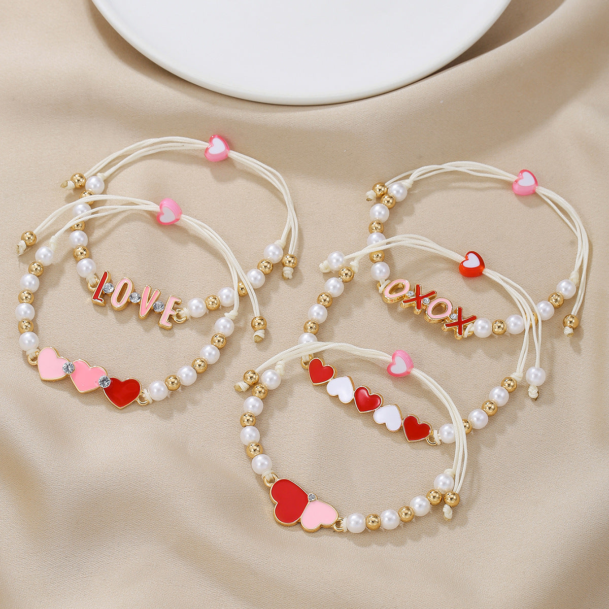 Pearl Bead Heart Charm Cord Bracelet