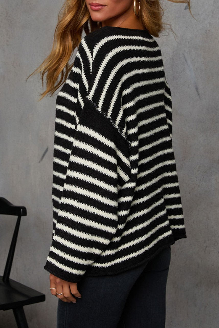 Striped Batwing Sleeve Oversized Sweater - Black - 2
