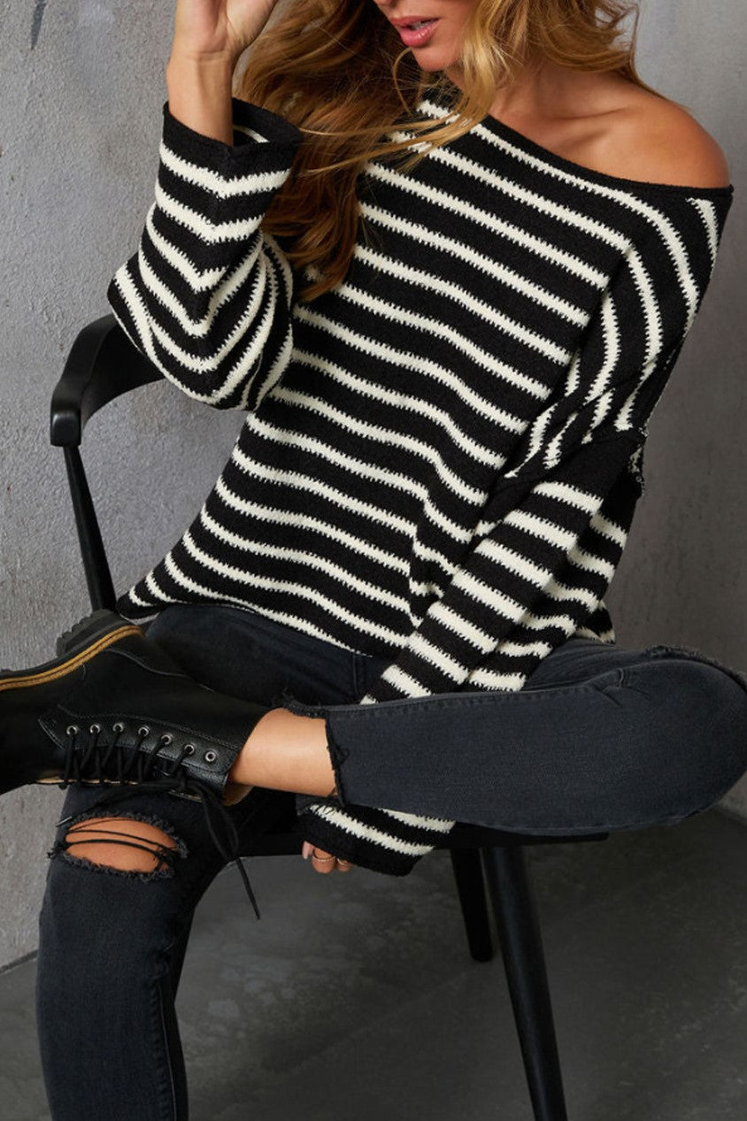 Striped Batwing Sleeve Oversized Sweater - Black - 3