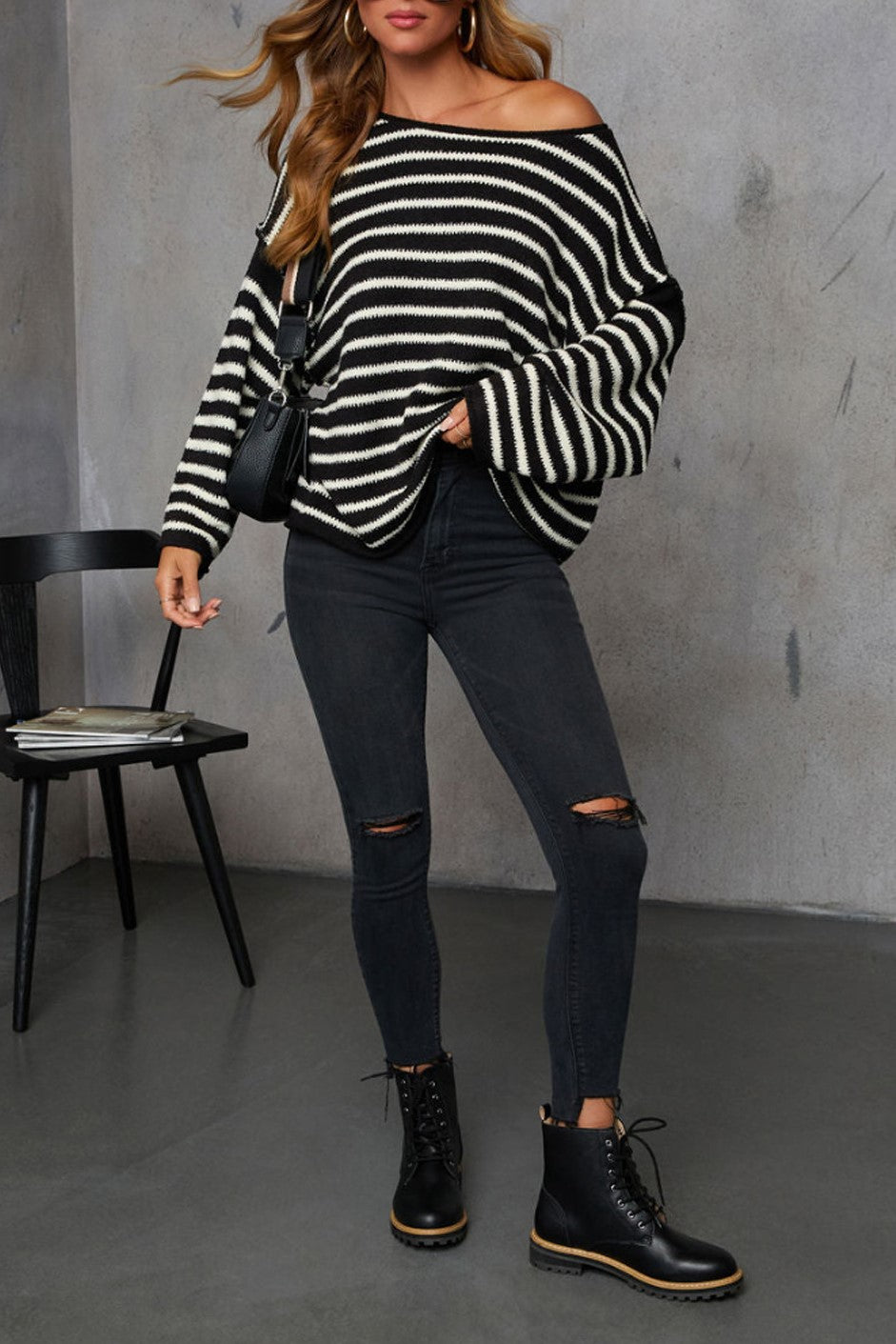 Striped Batwing Sleeve Oversized Sweater - Black - 5
