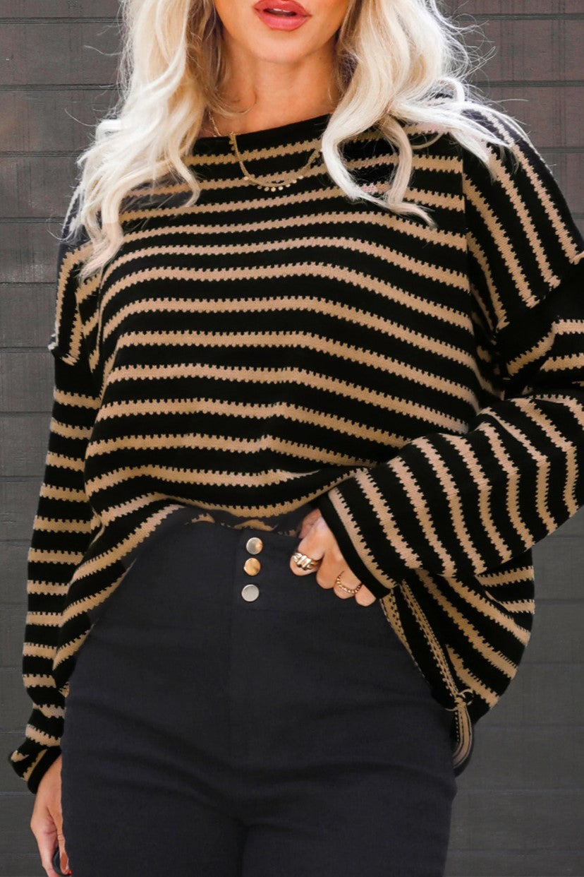 Striped Batwing Sleeve Oversized Sweater - Brown