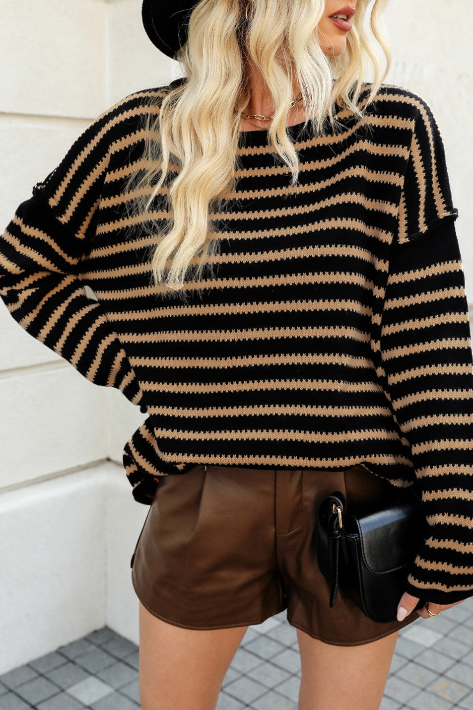 Striped Batwing Sleeve Oversized Sweater - Brown - 1