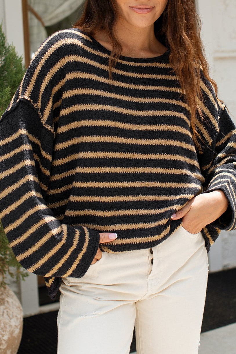 Striped Batwing Sleeve Oversized Sweater - Brown - 3