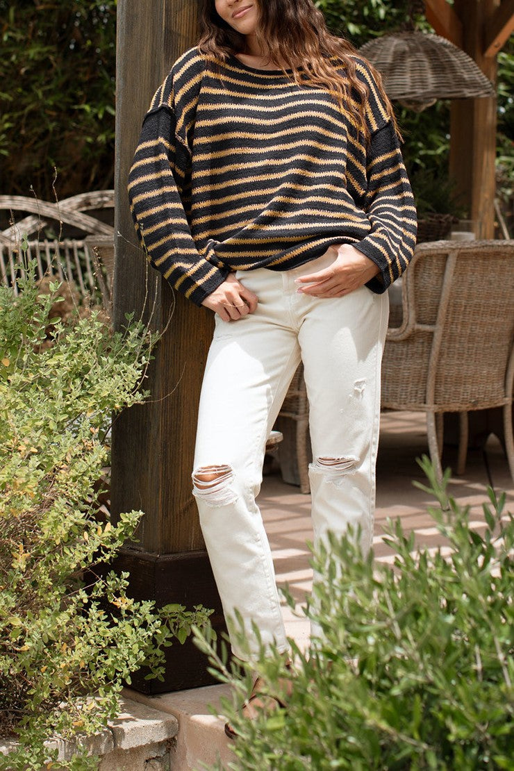 Striped Batwing Sleeve Oversized Sweater - Brown - 4