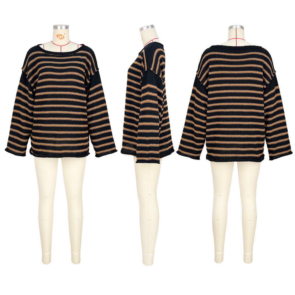 Striped Batwing Sleeve Oversized Sweater - Brown - 5