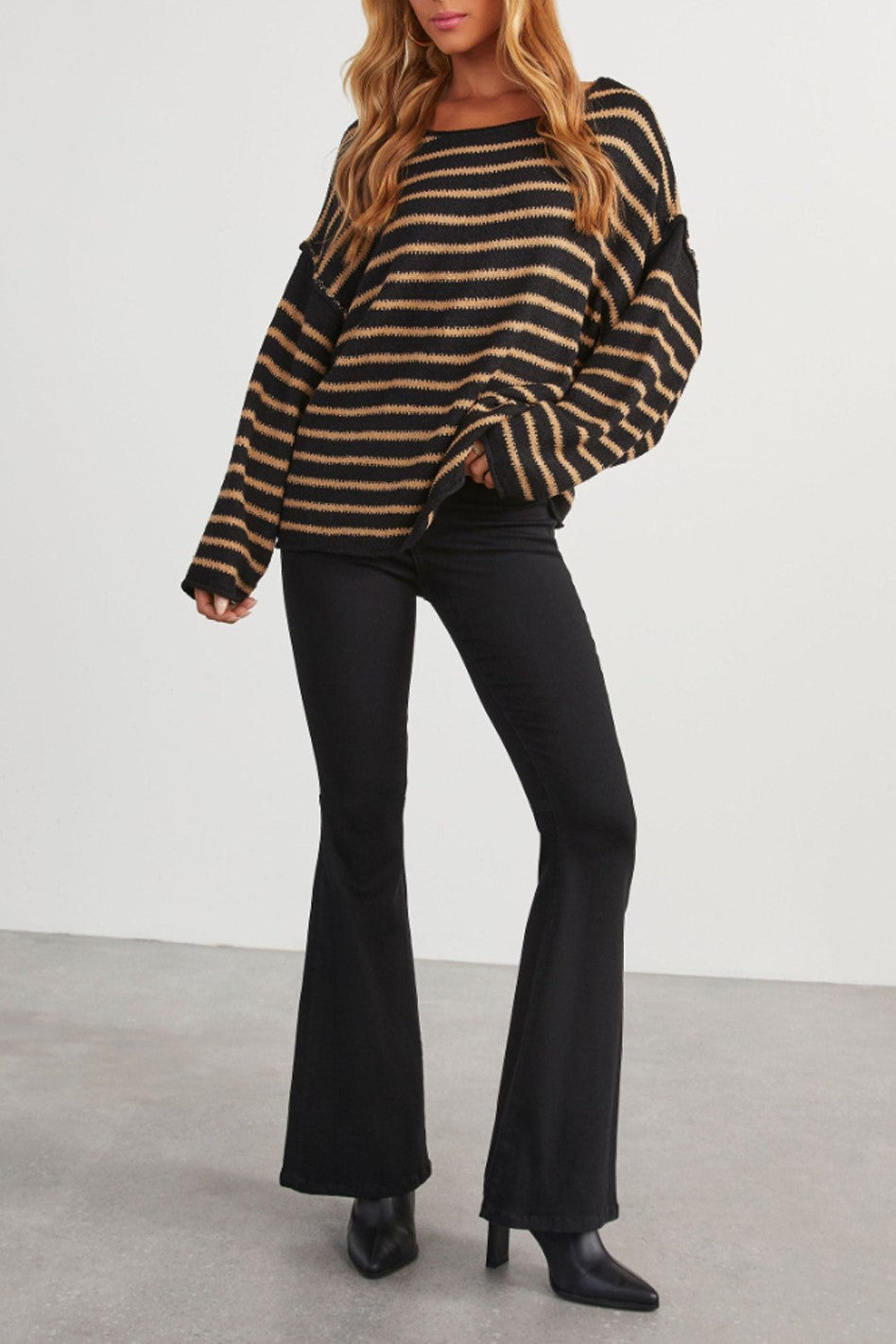 Striped Batwing Sleeve Oversized Sweater - Brown - 6