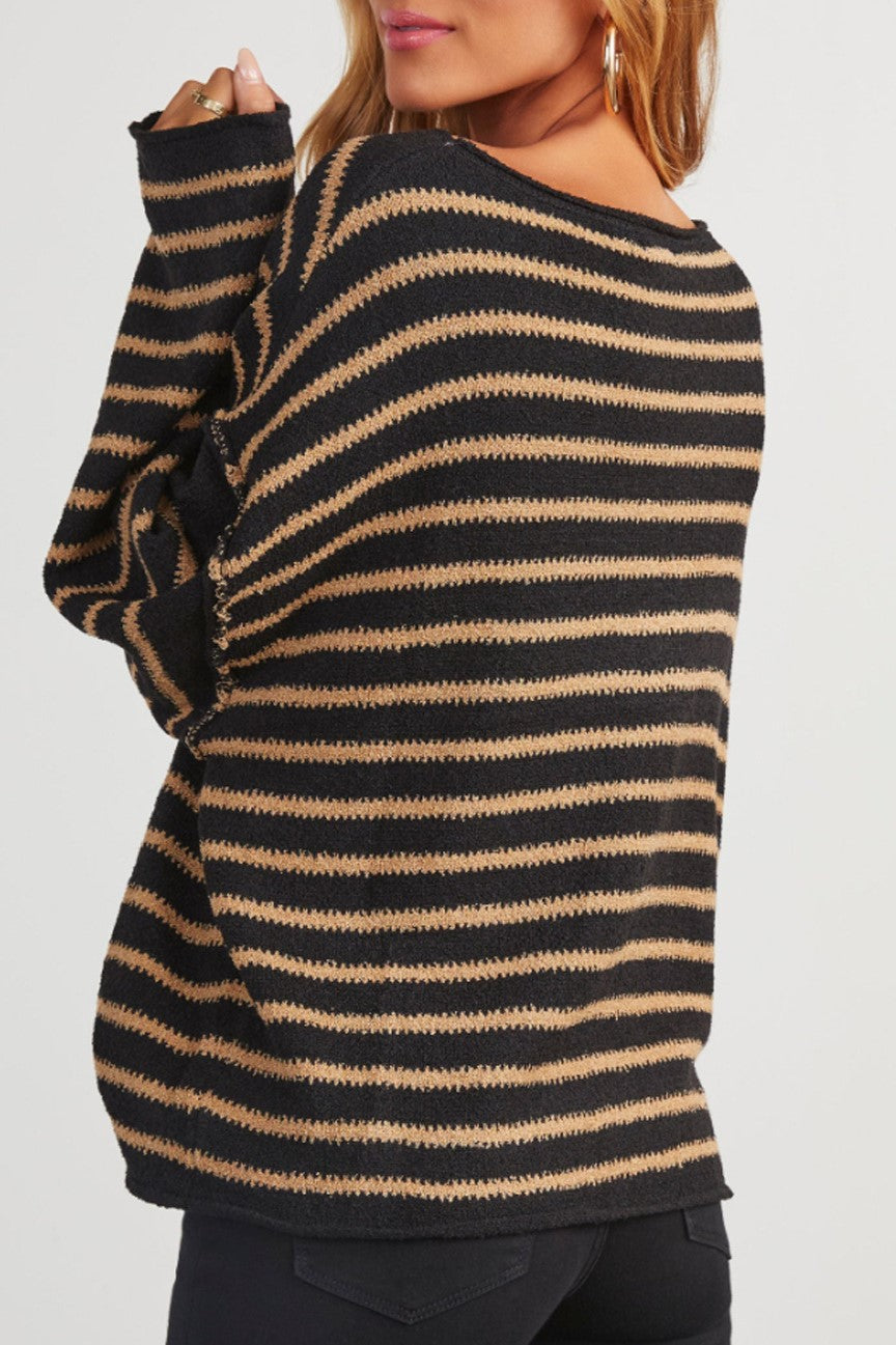 Striped Batwing Sleeve Oversized Sweater - Brown - 7