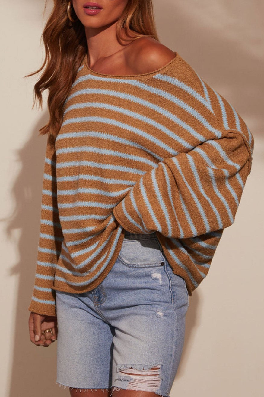 Striped Batwing Sleeve Oversized Sweater - Orange - 1