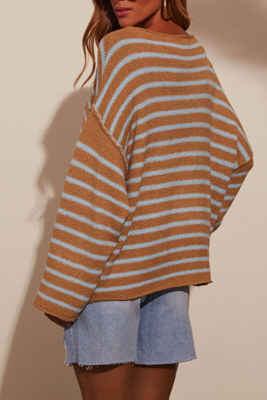 Striped Batwing Sleeve Oversized Sweater - Orange - 3