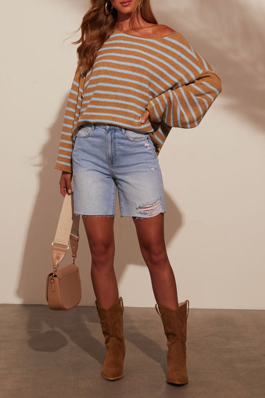 Striped Batwing Sleeve Oversized Sweater - Orange - 5