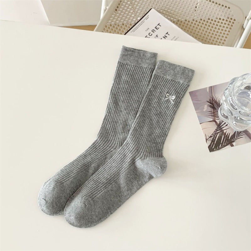 Bow Embroidered Ribbed Cotton Crew Socks - DarkGrey
