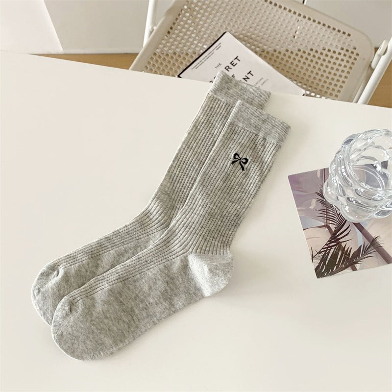Bow Embroidered Ribbed Cotton Crew Socks - LightGray