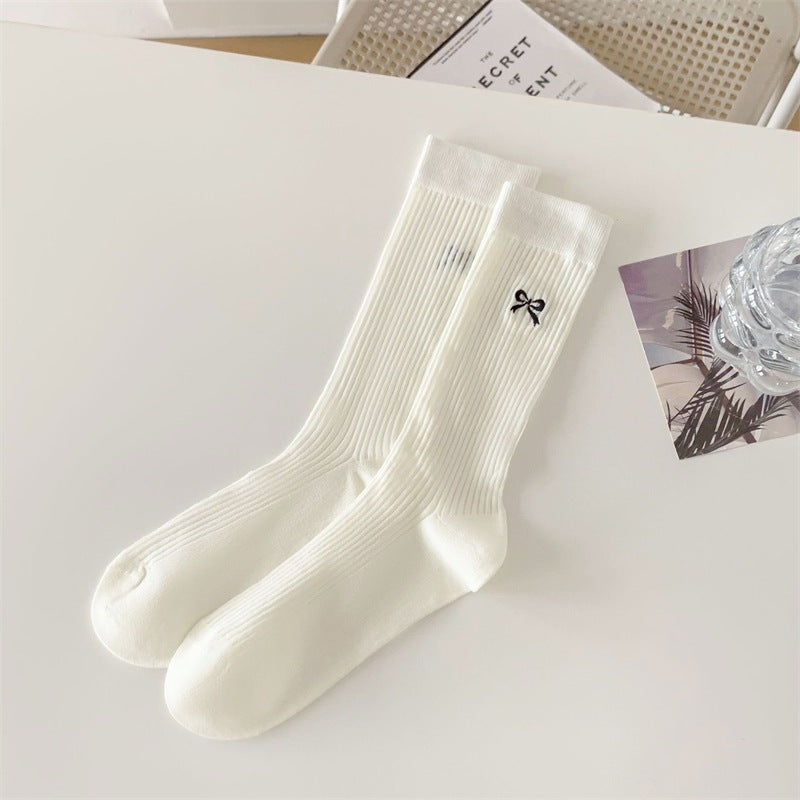 Bow Embroidered Ribbed Cotton Crew Socks - MilkyWhite