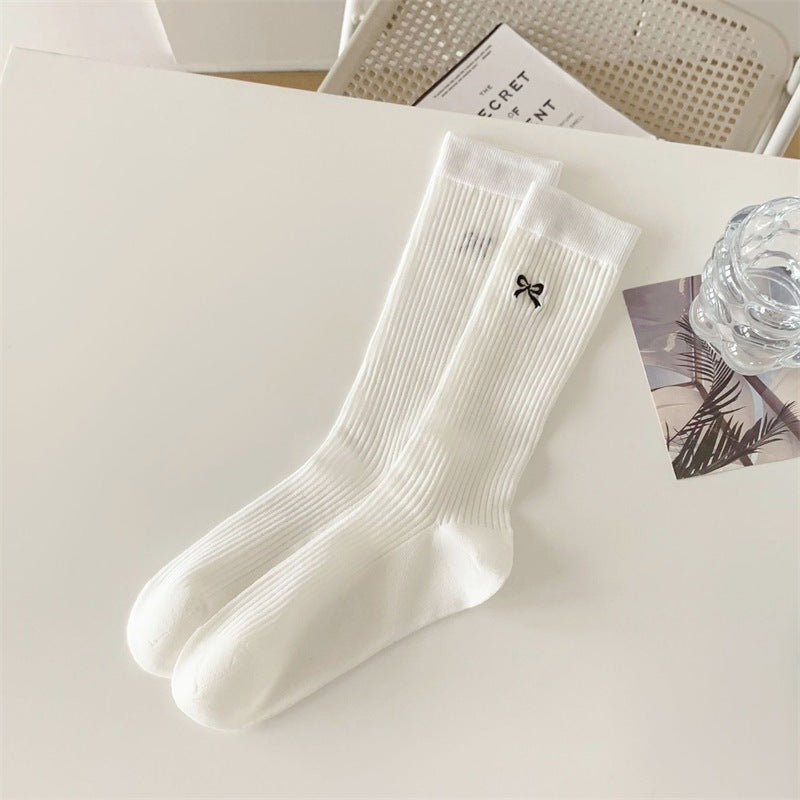 Bow Embroidered Ribbed Cotton Crew Socks - White