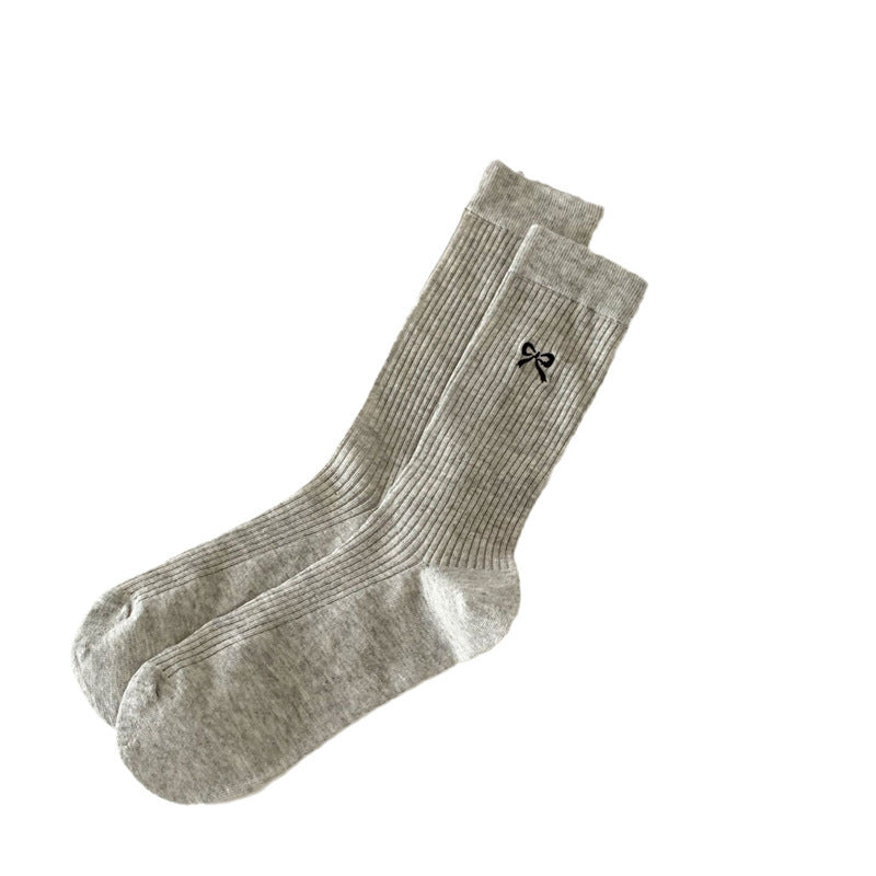 Bow Embroidered Ribbed Cotton Crew Socks