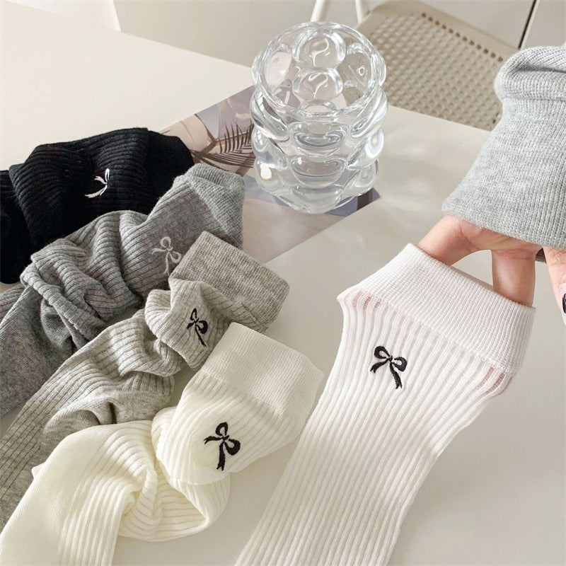 Bow Embroidered Ribbed Cotton Crew Socks - view 1