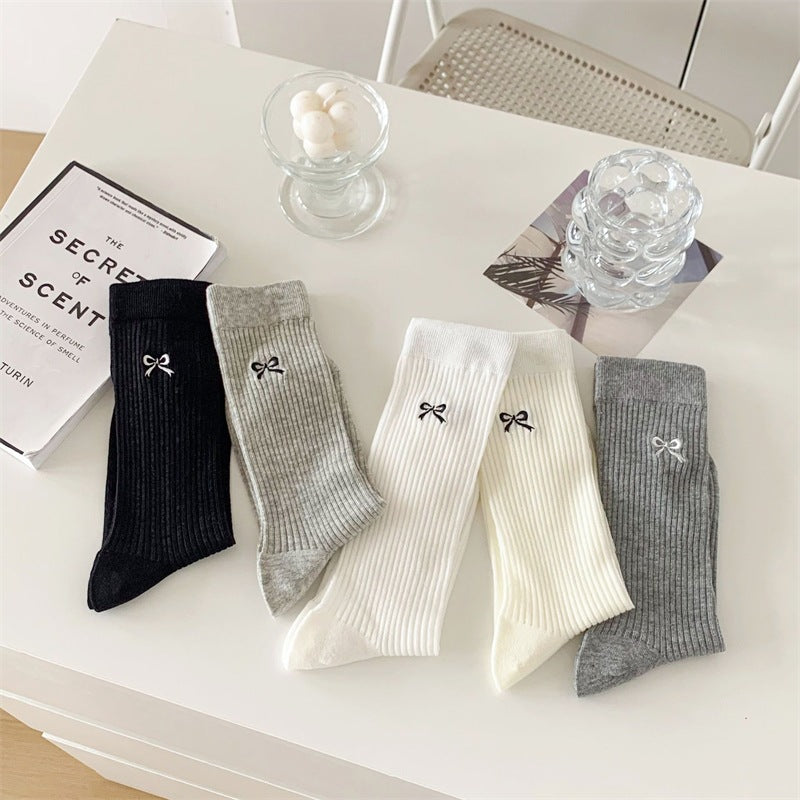 Bow Embroidered Ribbed Cotton Crew Socks - view 2