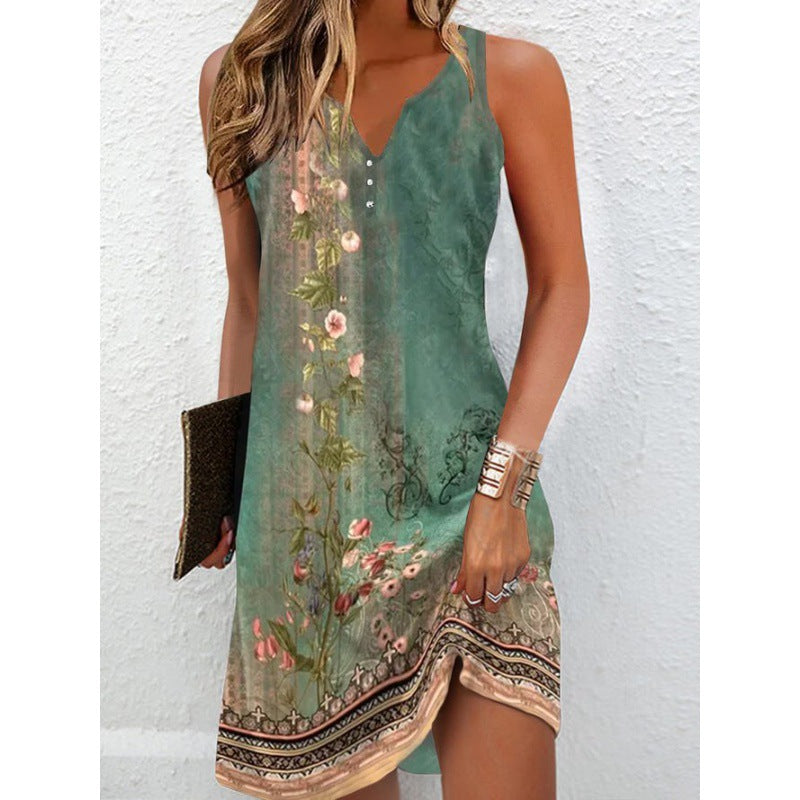 Boho Print Button Front Sleeveless Sundress - Color_01