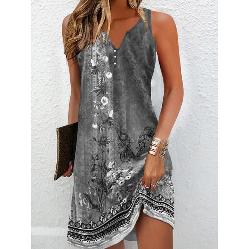 Boho Print Button Front Sleeveless Sundress - Color_04