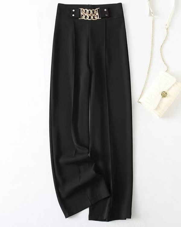Chain Accent High Waist Wide Leg Pants - Black