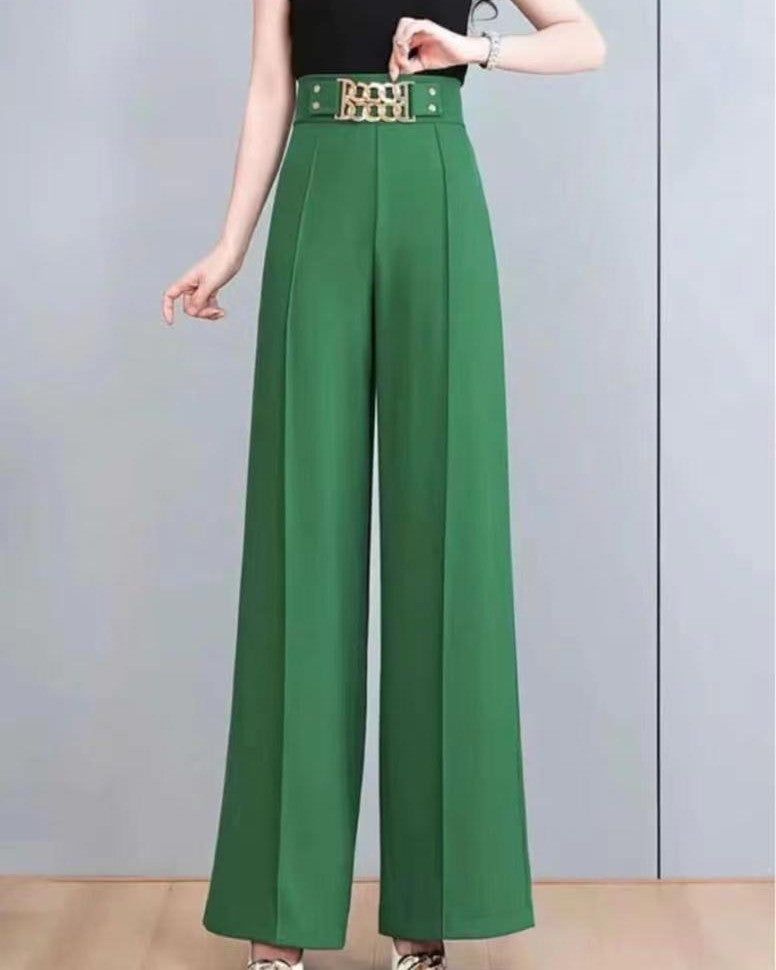 Chain Accent High Waist Wide Leg Pants - Green
