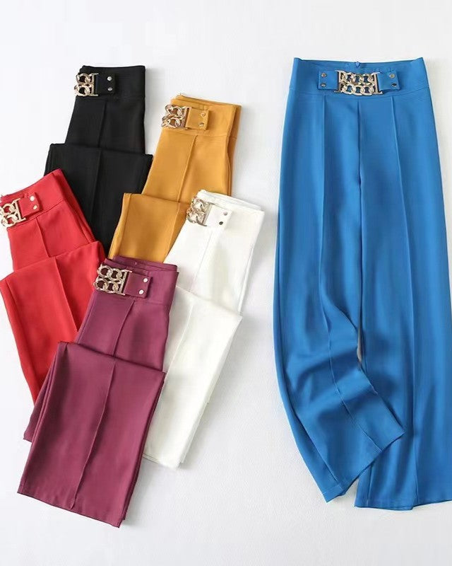 Chain Accent High Waist Wide Leg Pants - Red