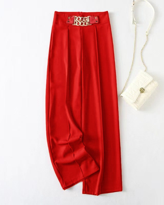 Chain Accent High Waist Wide Leg Pants - Red - 1