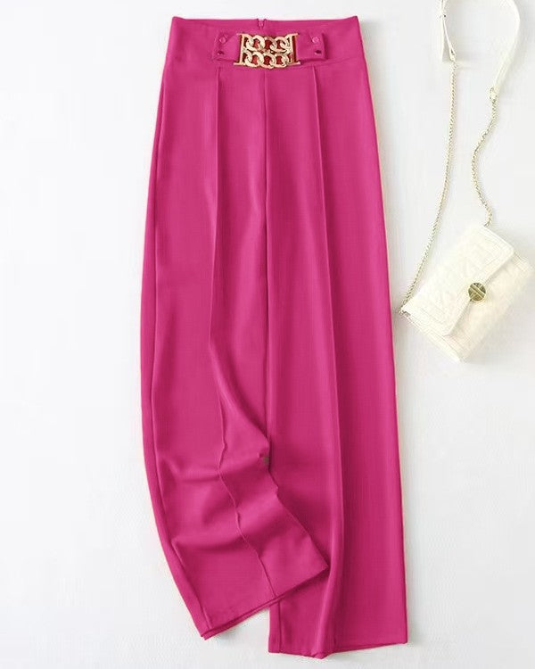 Chain Accent High Waist Wide Leg Pants - Rose-Red