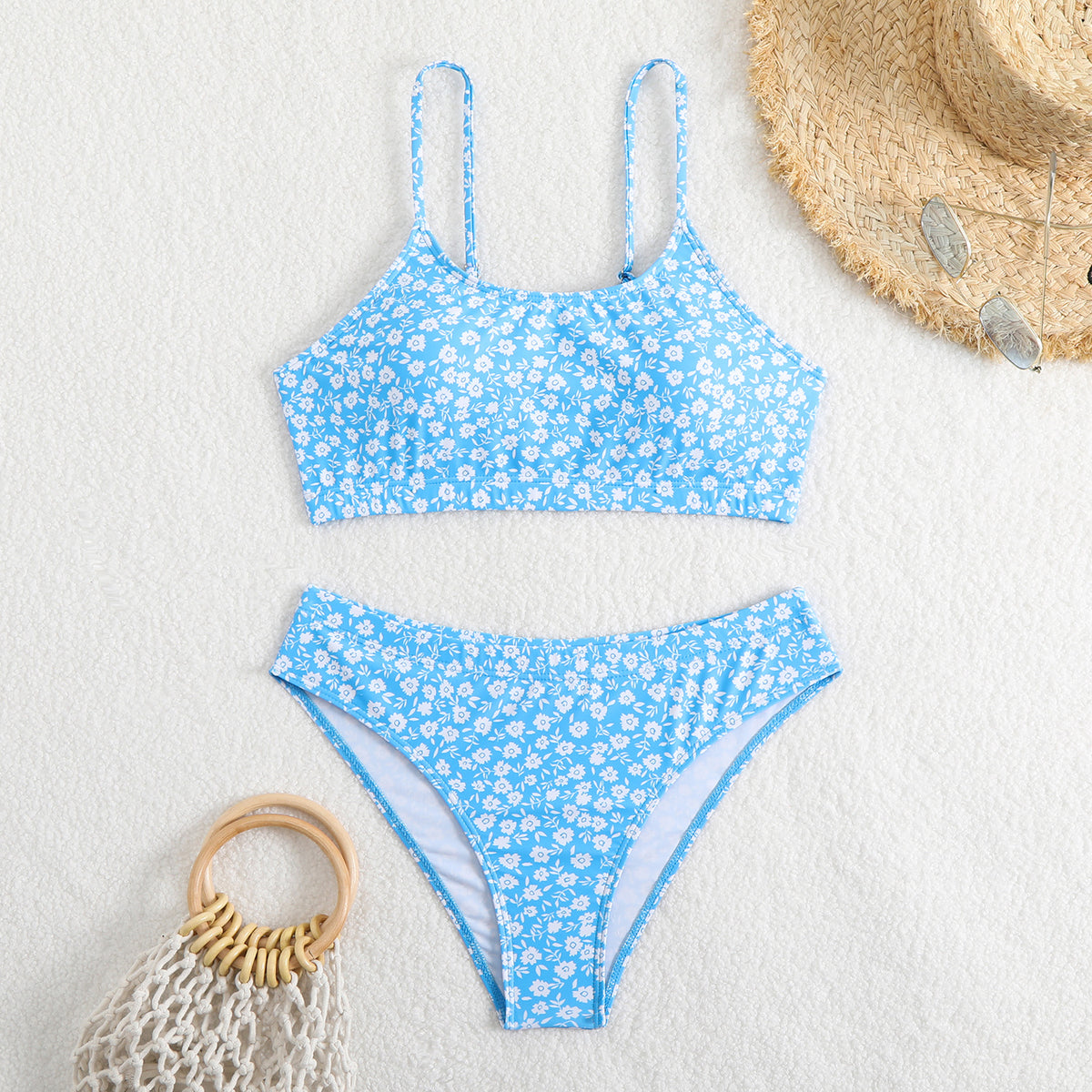 Micro Floral Scoop Neck Bralette Bikini Set - Blue