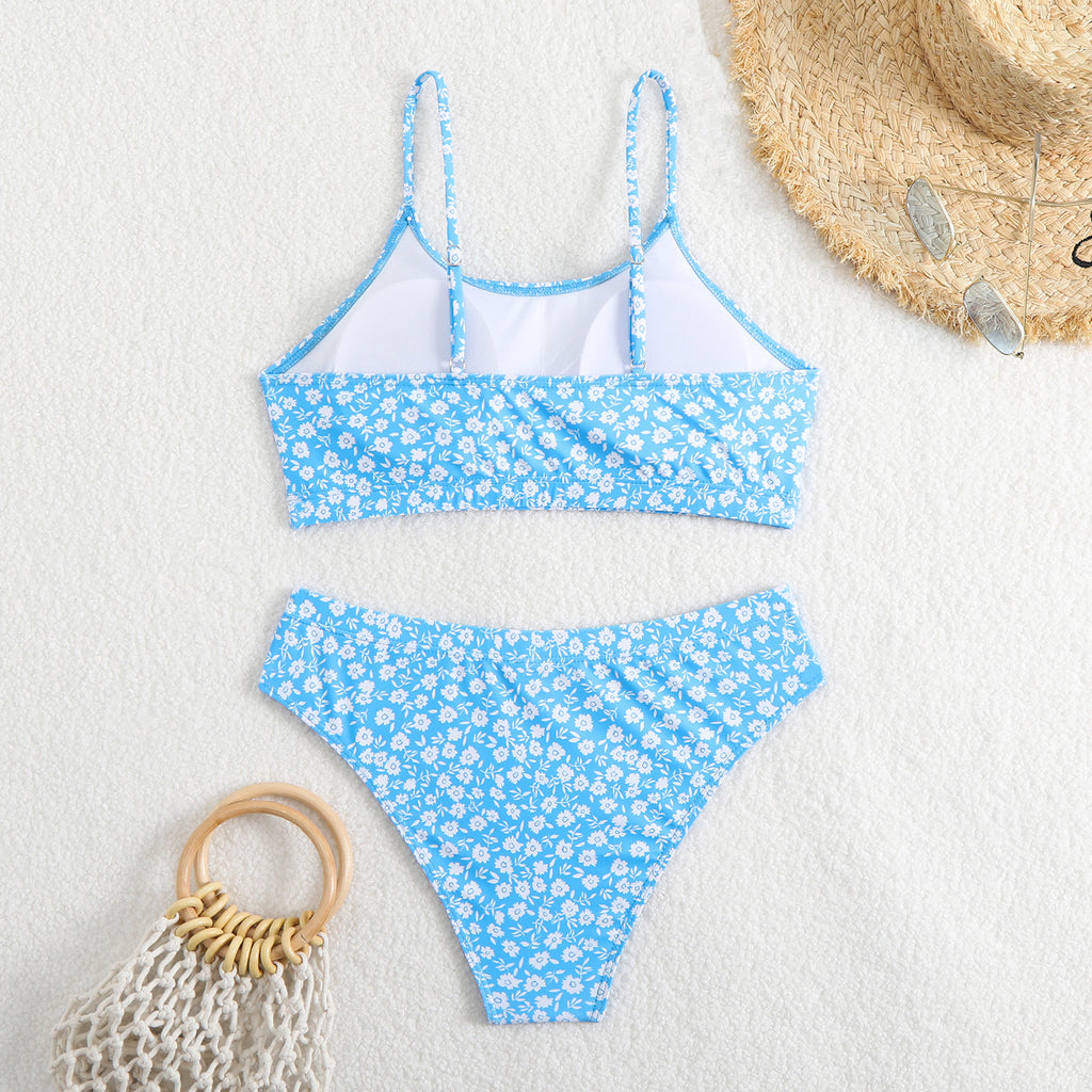 Micro Floral Scoop Neck Bralette Bikini Set - Blue - 1