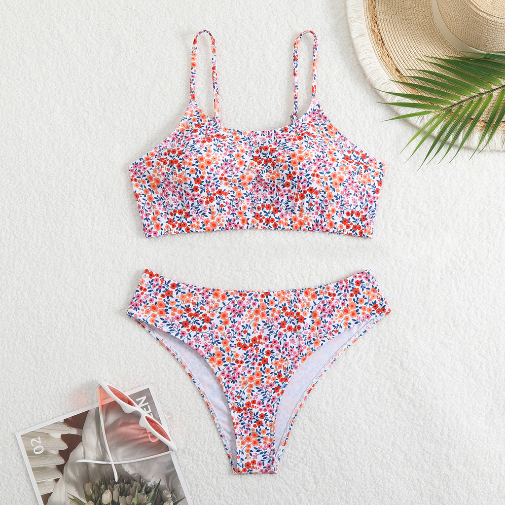 Micro Floral Scoop Neck Bralette Bikini Set - Pink