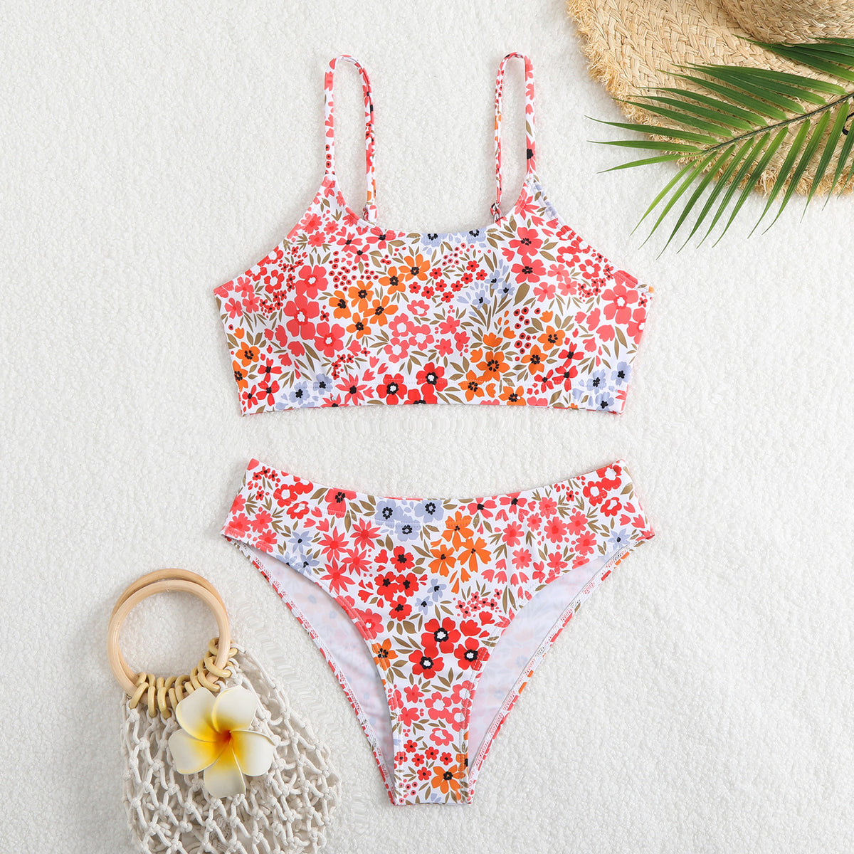 Micro Floral Scoop Neck Bralette Bikini Set - Red