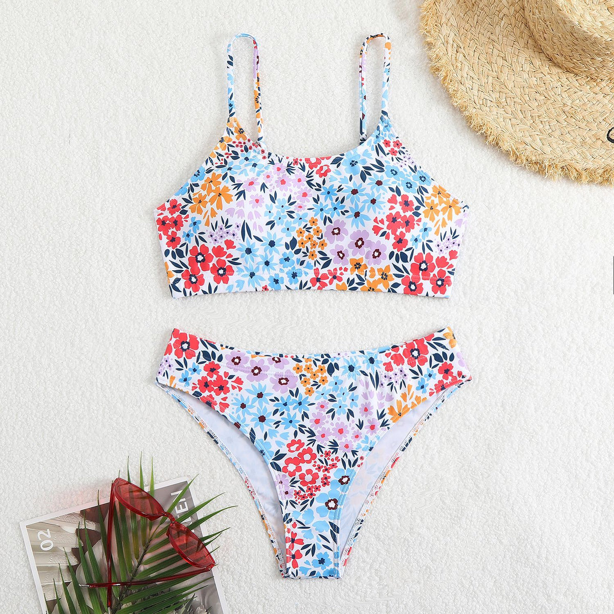 Micro Floral Scoop Neck Bralette Bikini Set - White