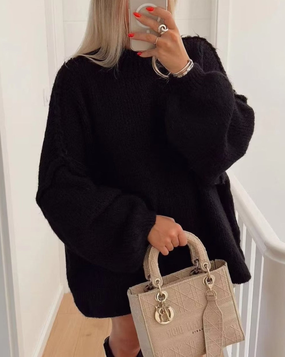 Slouchy Mock Neck Tunic Sweater - Black