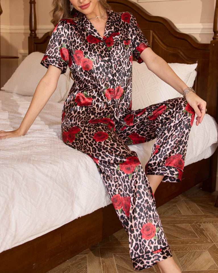 Printed Satin Short Sleeve Pajama Set - C1 - 1
